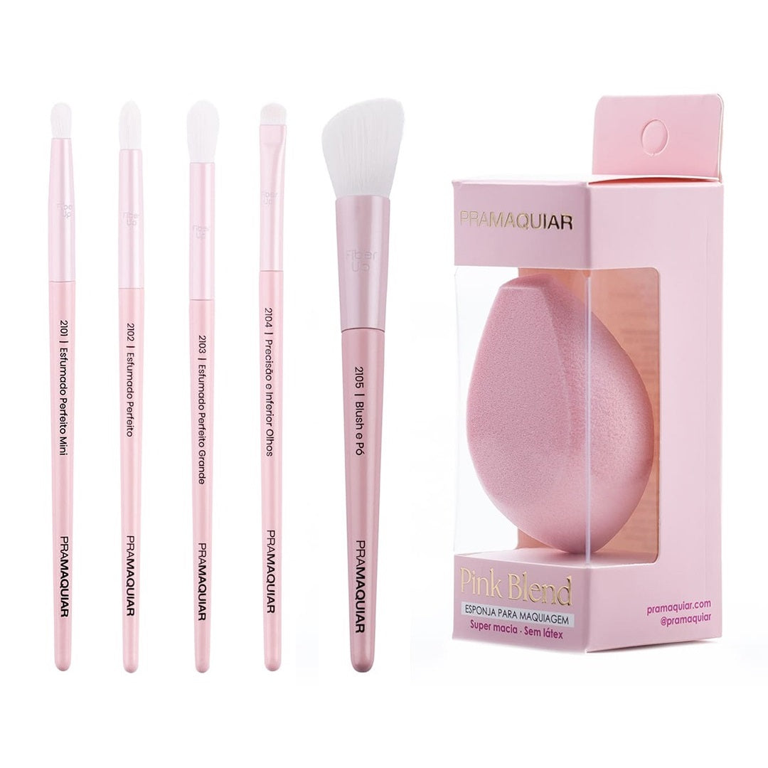 KIT Pincéis + Esponja Pink Blend